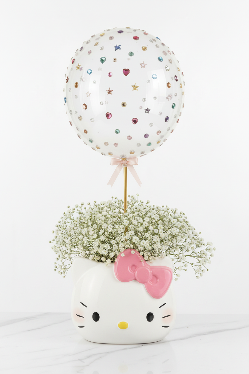 Hello Kitty Planter with Baby's Breath and Multicolor Jewel Balloon