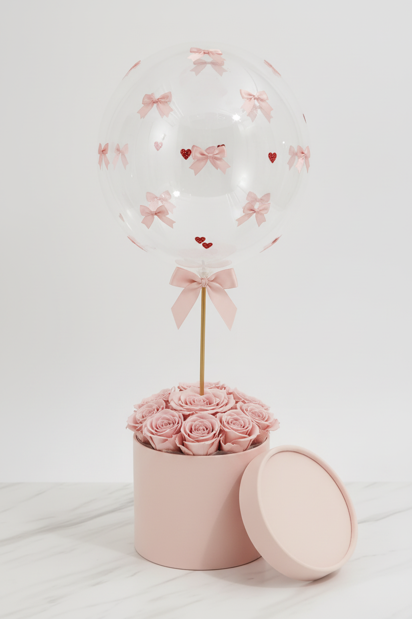 Pink Hat Box Dome Roses with Mini Bow & Red Hearts Balloon