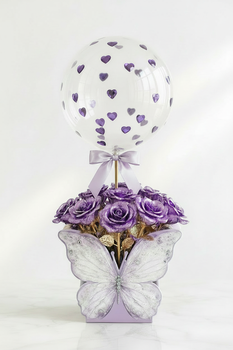 Purple Metallic Roses in Butterfly Box - True to Size