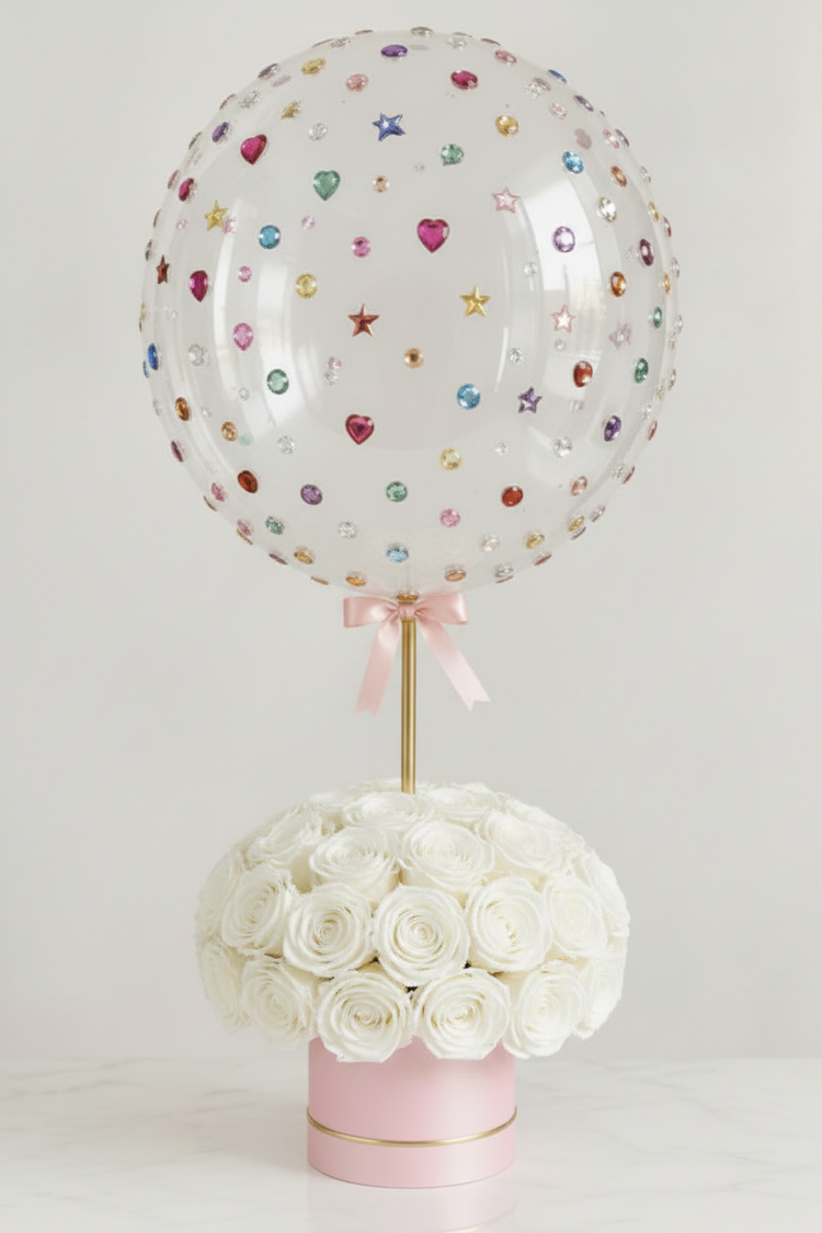 White Preserved Roses Balloon Arrangement