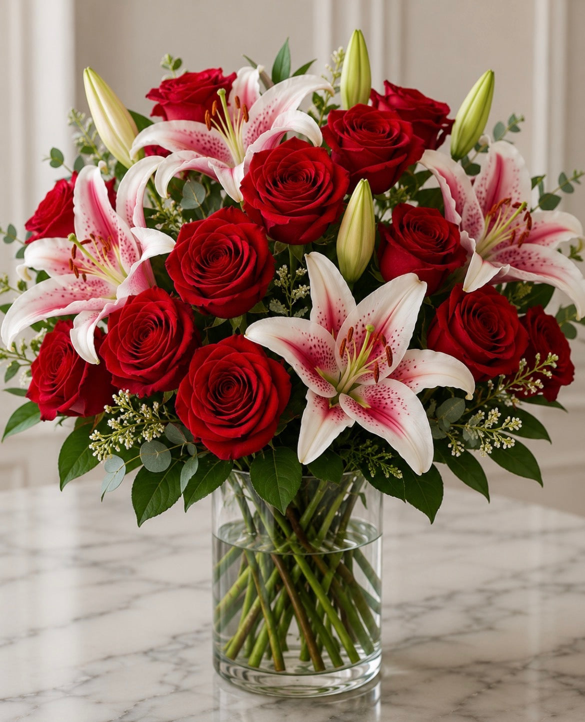 Red Roses + White Lily Bouquet