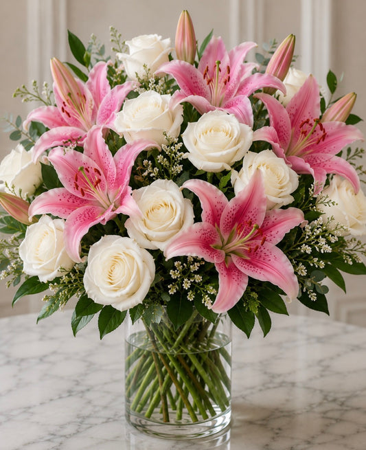 White Rose+ Pink Lily Bouquet