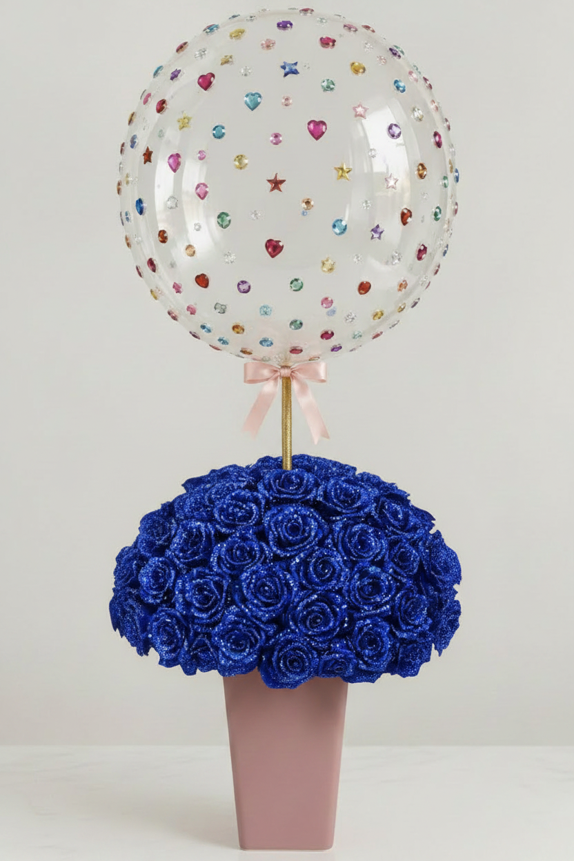 Blue Glitter Rose Dome Jewel Balloon Mauve Vase