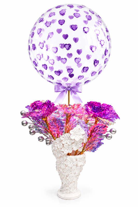 Foil rose arrangement with oversized purple heart-gem balloon