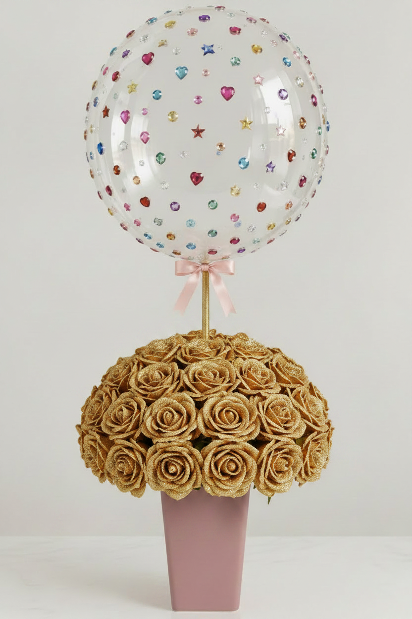 Gold Glitter Rose Dome Jewel Balloon Mauve Vase