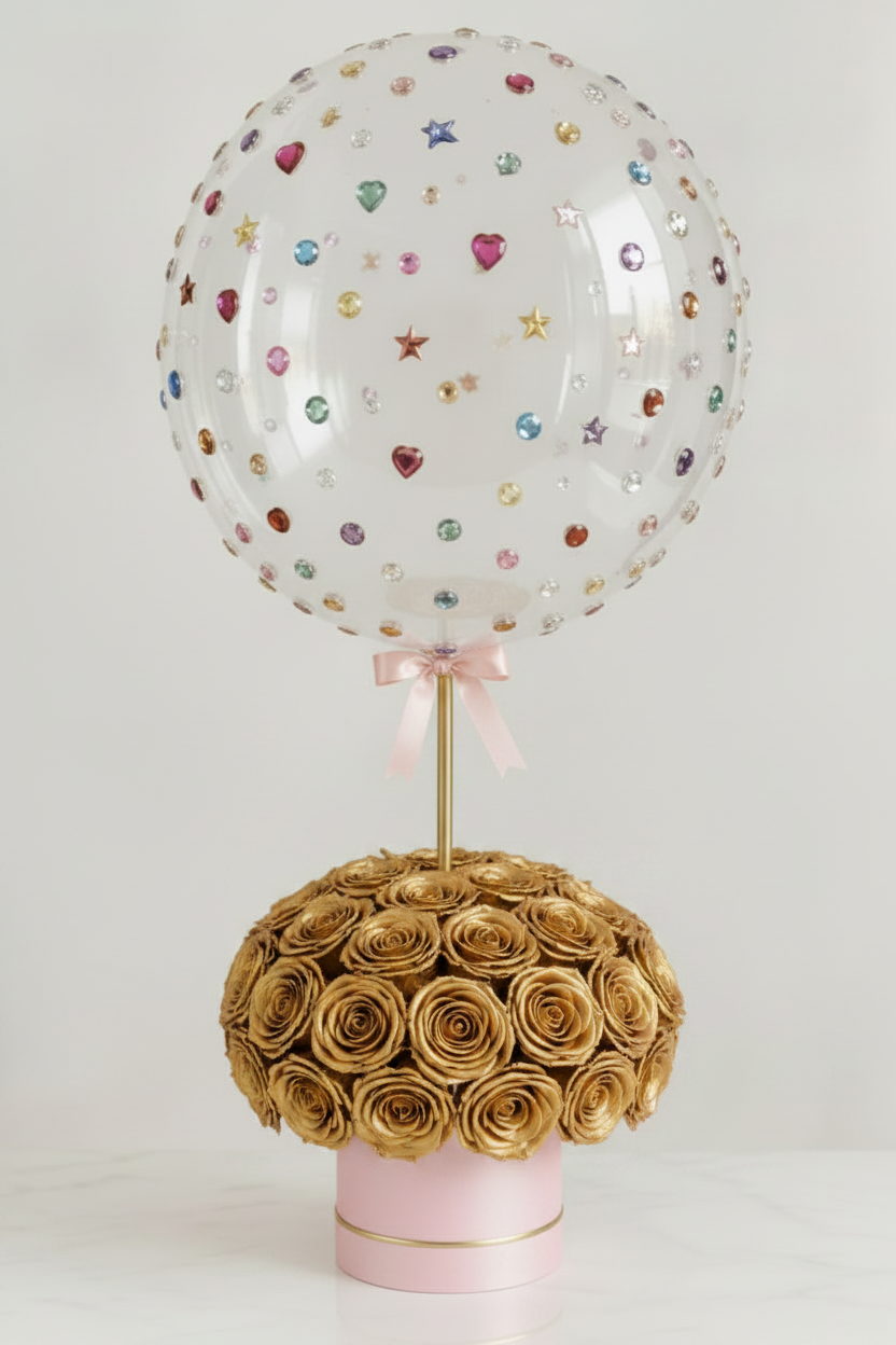 Gold Preserved Roses Pink Box Balloon Arrangement