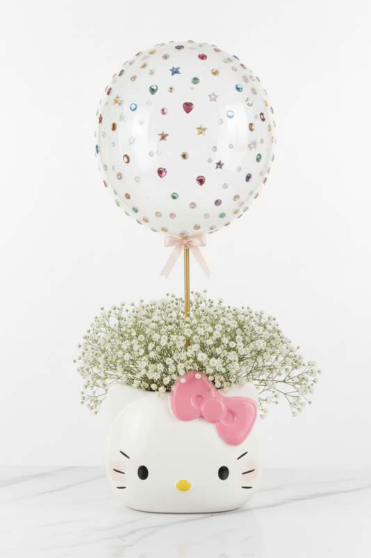 Hello Kitty Planter with Baby's Breath and Multicolor Jewel Balloon