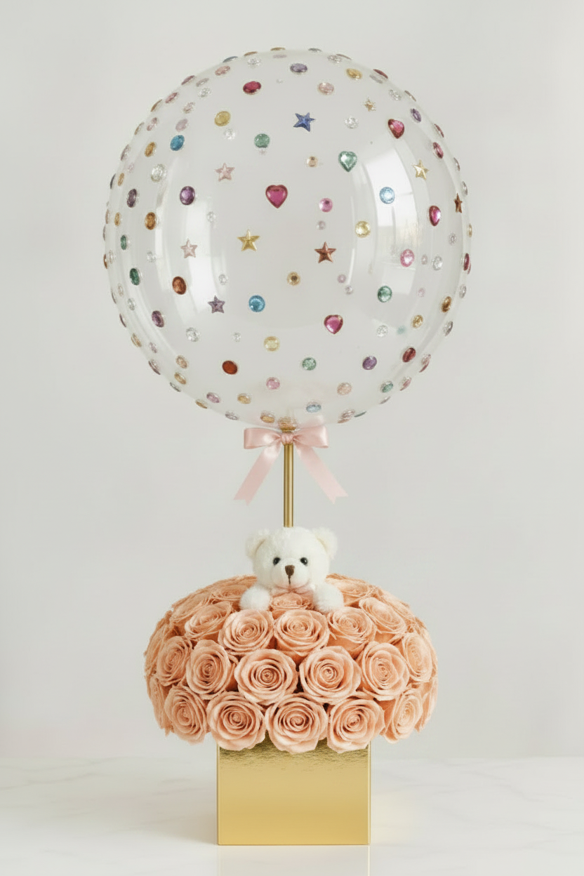 Jewel Bubble + Bear + Peach Roses + Gold Box