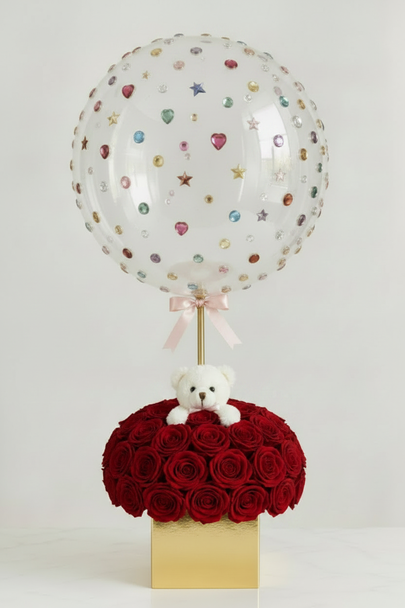 Jewel Bubble + Bear + Red Roses + Gold Box