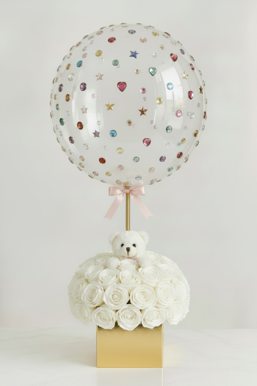 Jewel Bubble + Bear + White Roses + Gold Box