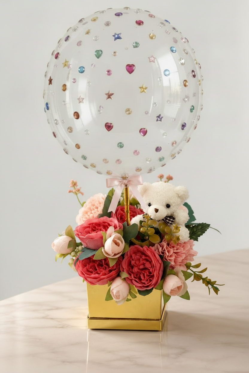 Jewel Bubble + White Fluffy Bear with Checkered Bow Tie