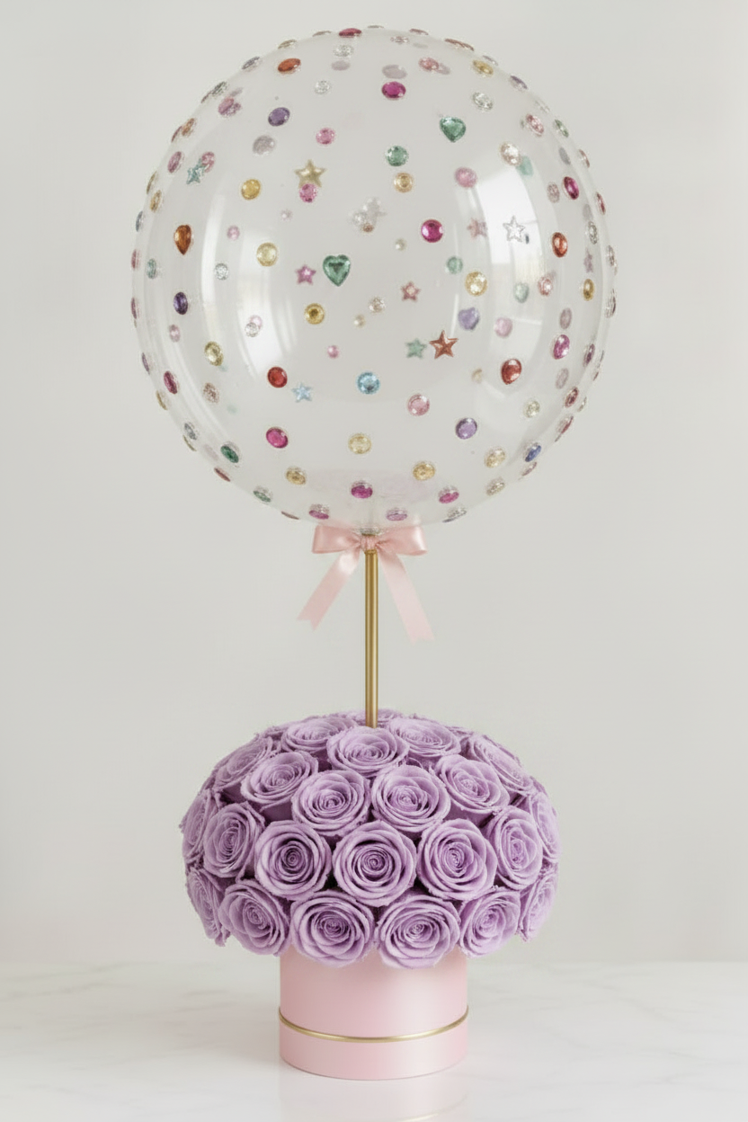 Lavender Preserved Roses Pink Box Balloon Arrangement