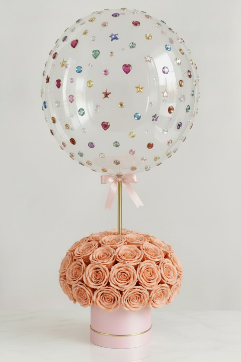 Peach Preserved Roses Pink Box Balloon Arrangement