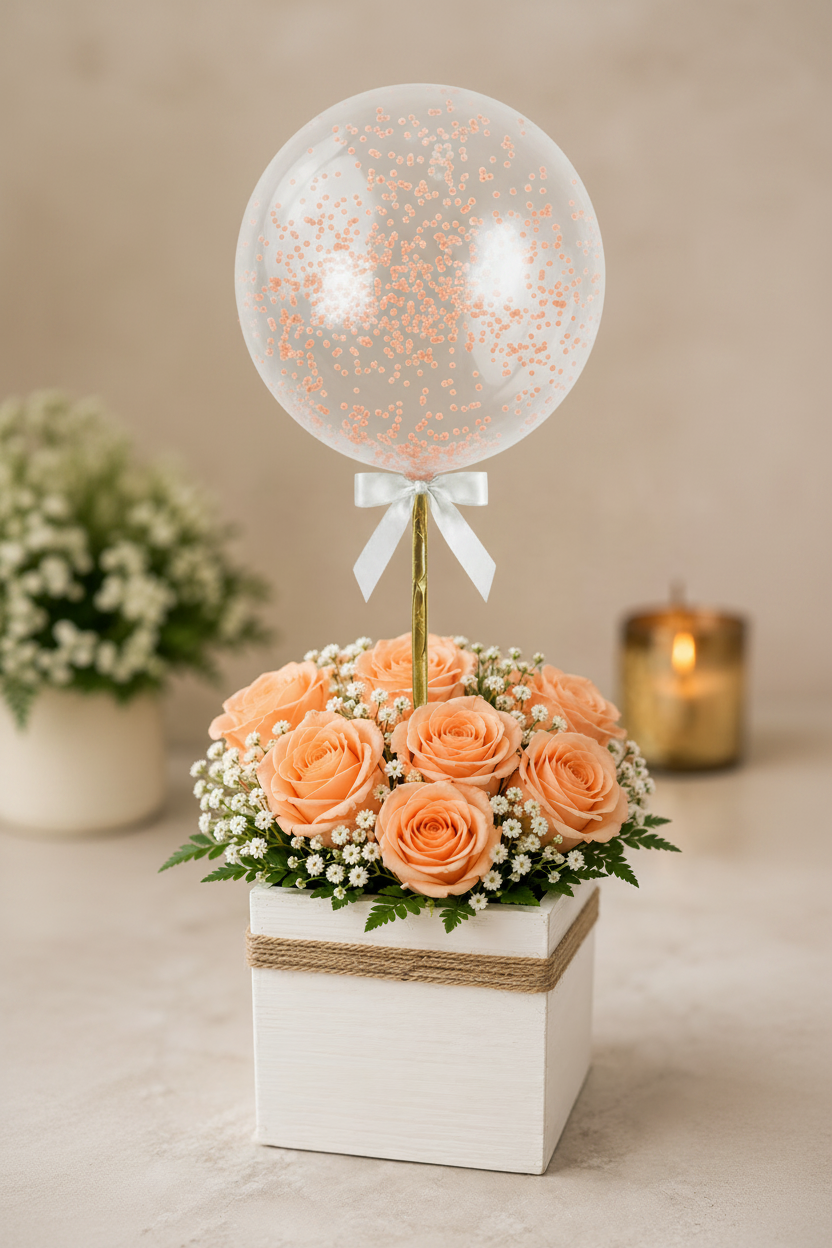 Peach Rose Arrangement with Larger Orange Foam Ball Balloon