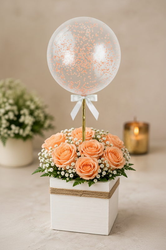 Peach Rose Arrangement with Larger Orange Foam Ball Balloon