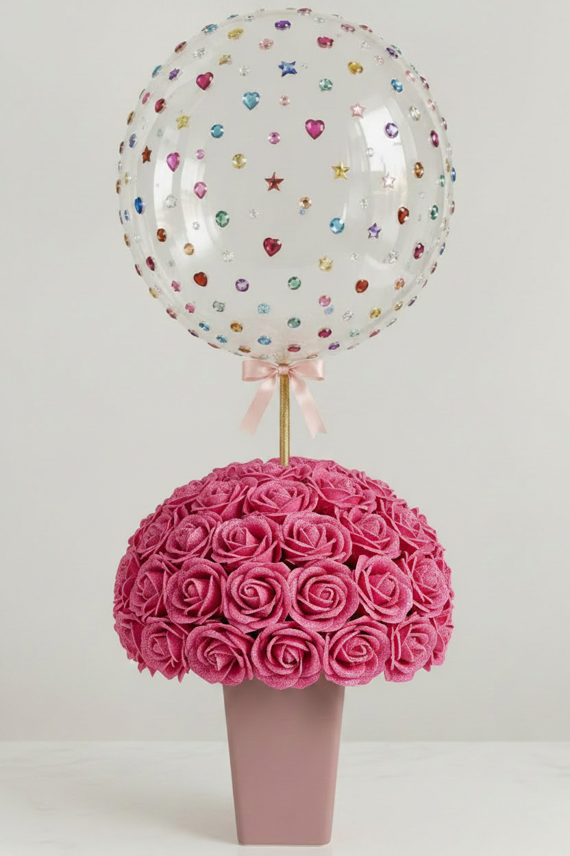 Pink Glitter Rose Dome Jewel Balloon Mauve Vase