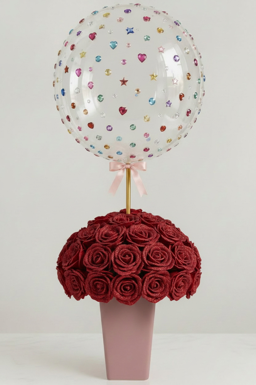 Red Glitter Rose Dome Jewel Balloon Mauve Vase
