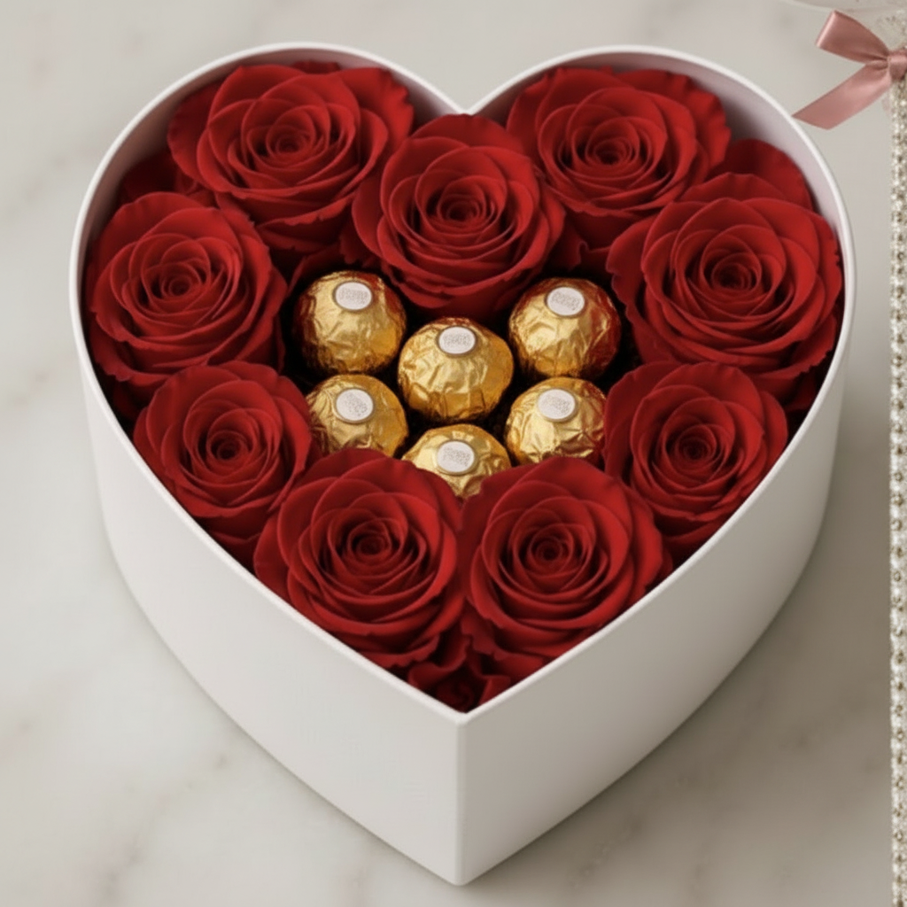 The Heart Box with Red Roses and Gold Chocolates