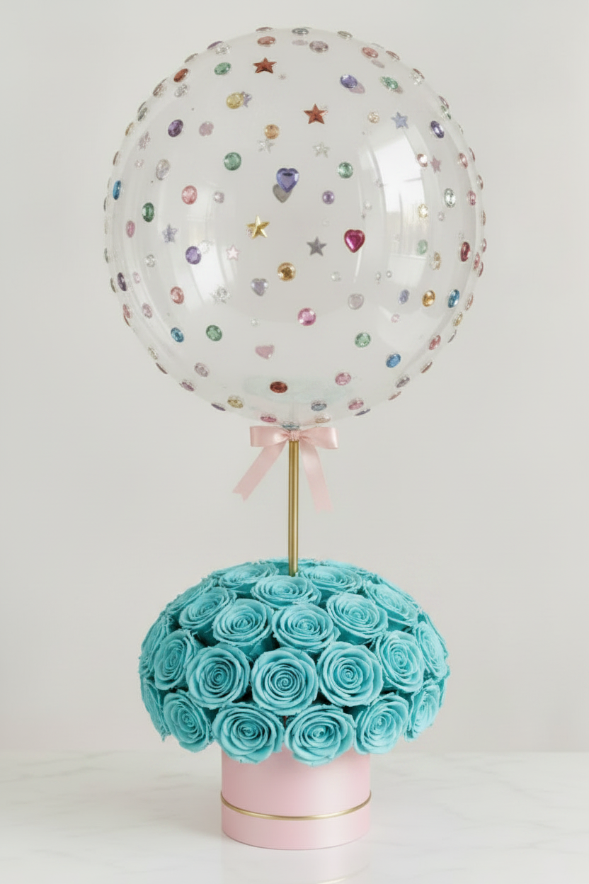 Tiffany Blue Preserved Roses Pink Box Balloon Arrangement
