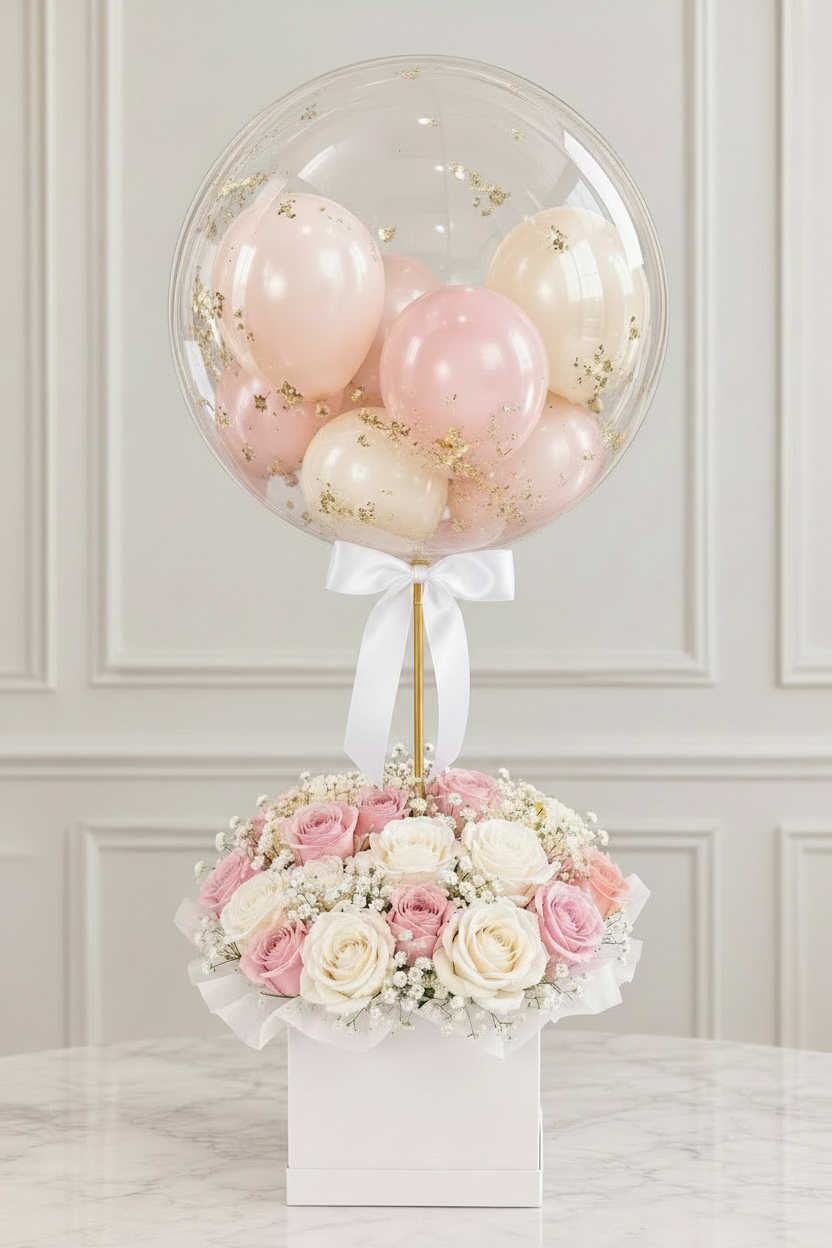 White Bow Base Gold Rod Bobo Balloon Pink Rose Box Arrangement