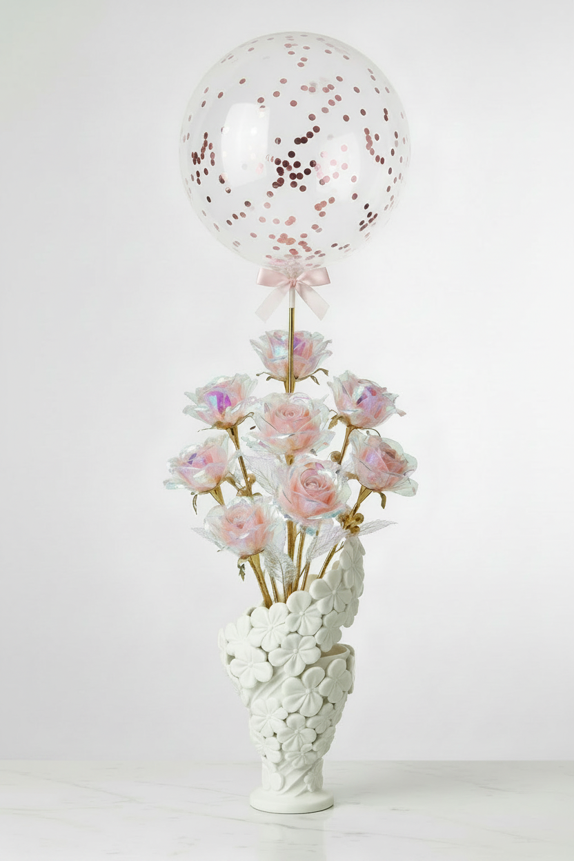 White Sculptural Floral Vase with Iridescent Roses and Pink Confetti Balloon