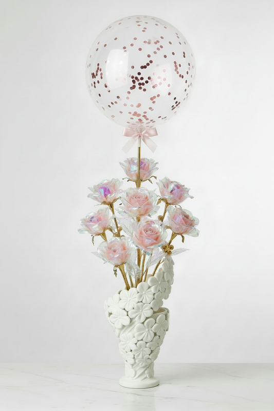 White Sculptural Floral Vase with Iridescent Roses and Pink Confetti Balloon