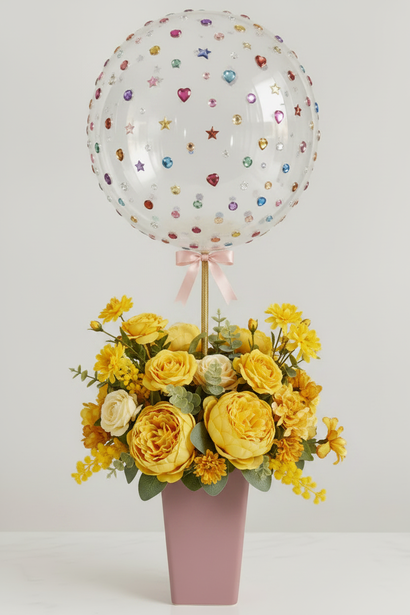 Yellow Golden Faux Florals Jewel Balloon Mauve Vase